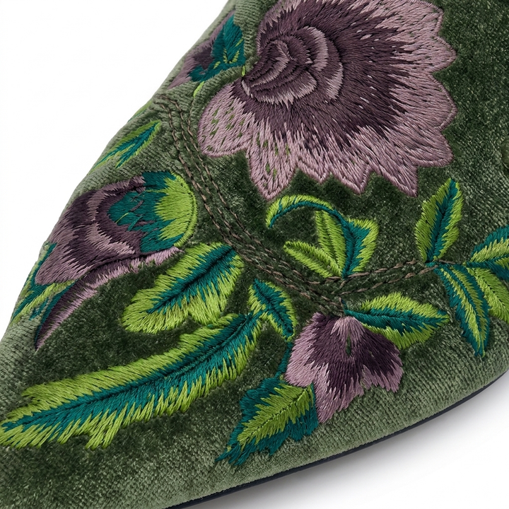 Green Sabrina velvet mules, floral embroidery close-up