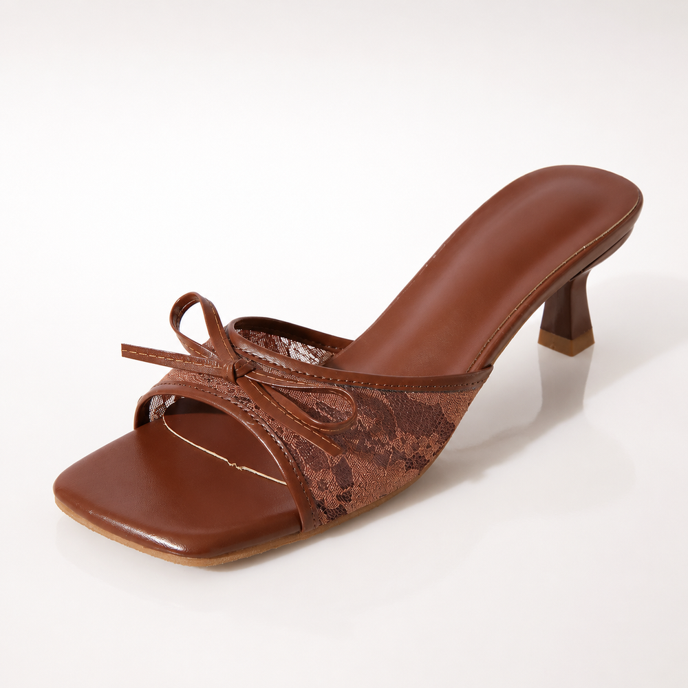 Chocolate Brown Phoebe lace kitten heels, side profile