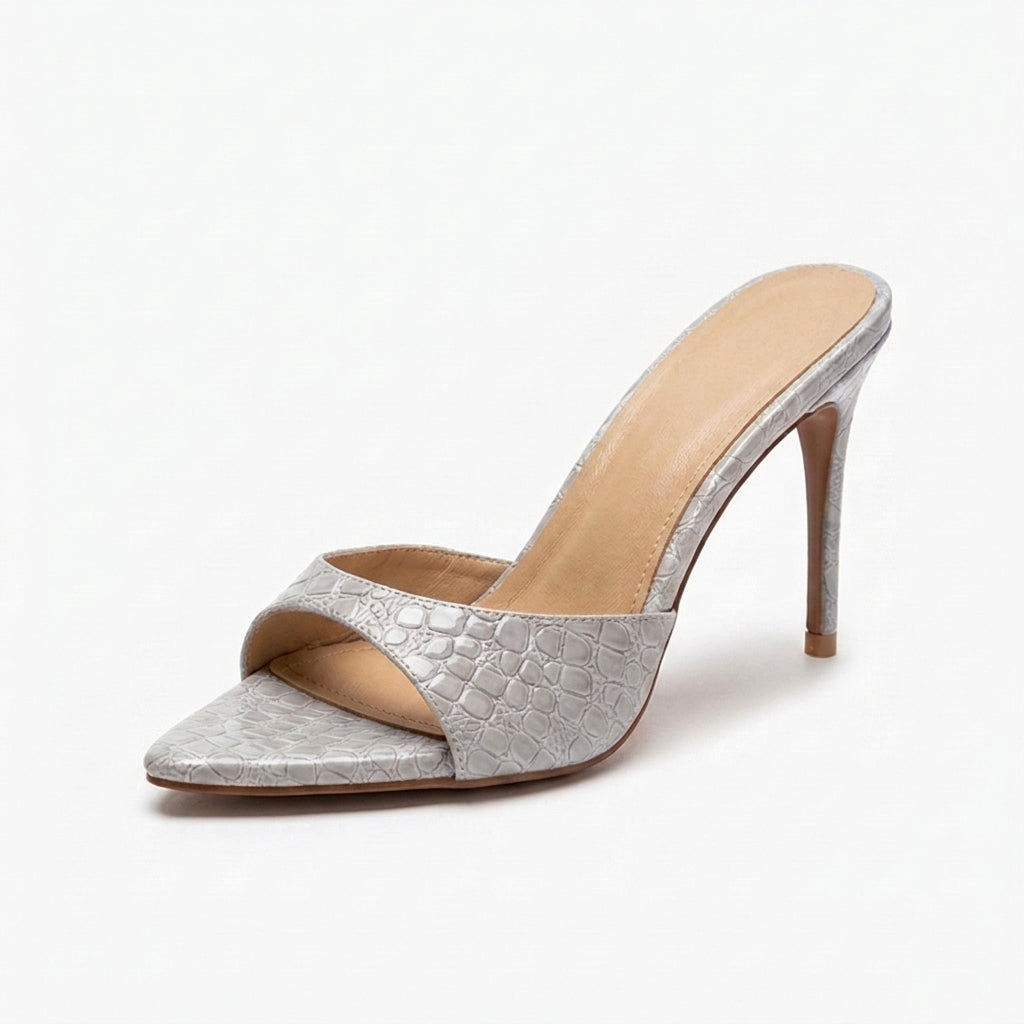 Gray Delphine Croc Heels, women's pointed toe stiletto heels, side profile