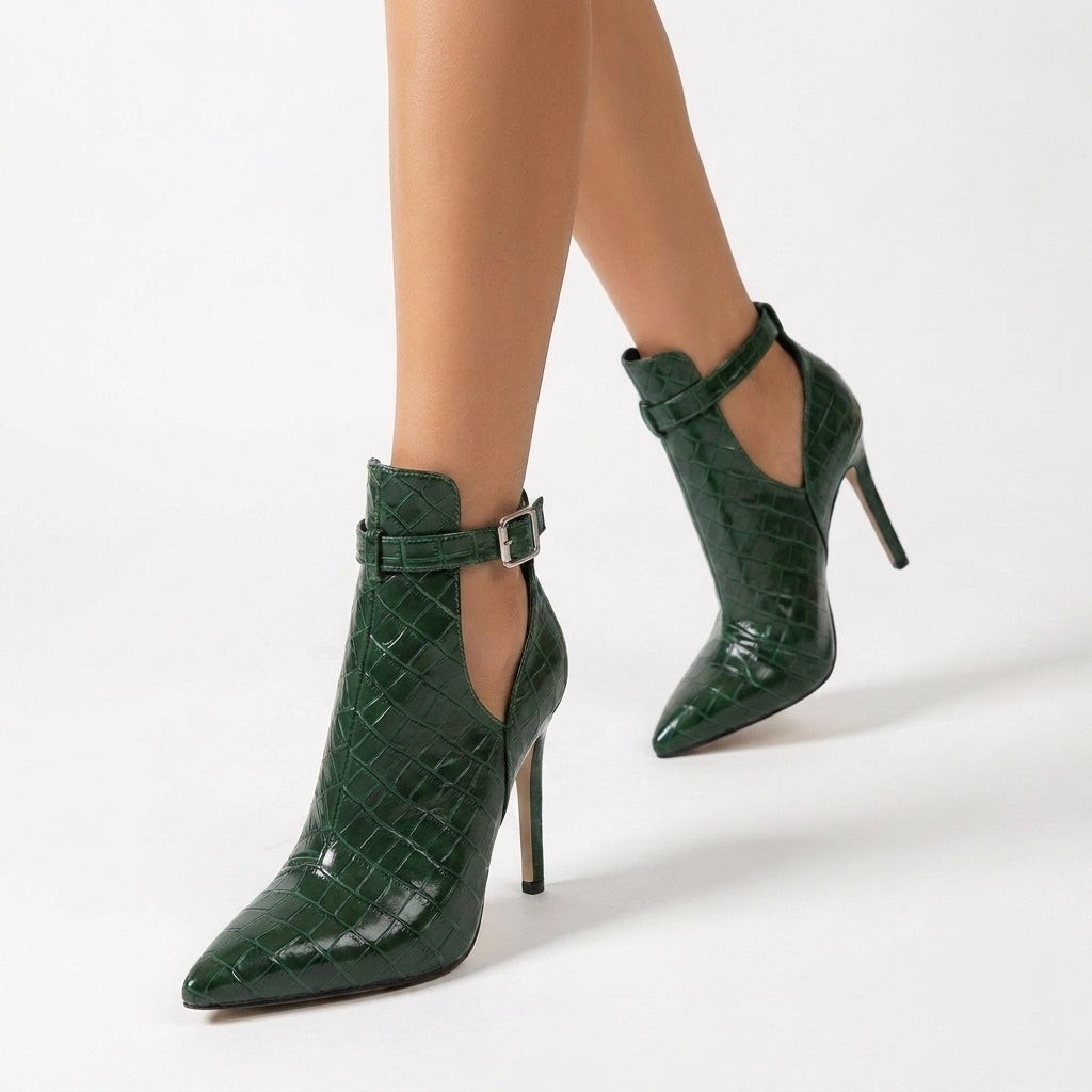 Green Petra Cutout Ankle Boots, women's cutout ankle boots, worn front view