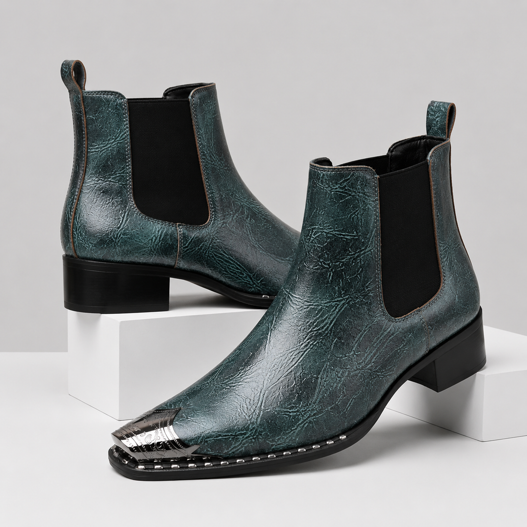 Teal Ryder men's metal-toe boots, pair, angled view