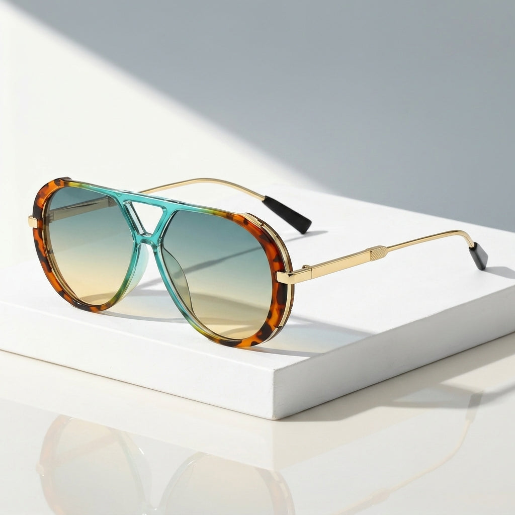 Aviator-style sunglasses with a turquoise and tortoiseshell frame, gold metal arms, and gradient lenses, displayed on a white rectangular block.