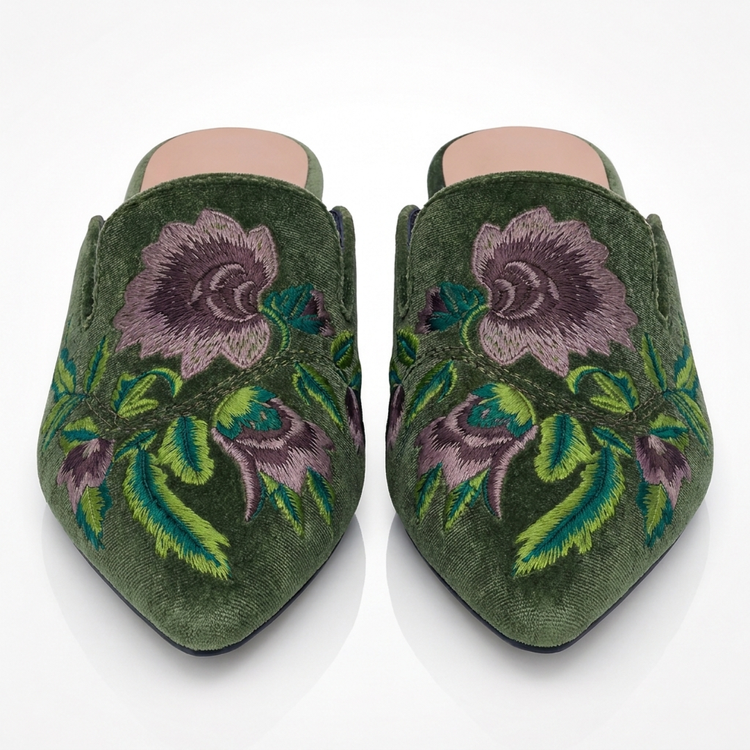 Green Sabrina velvet mules, front view