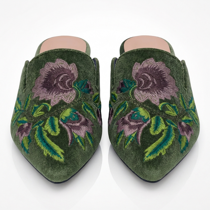 Green Sabrina velvet mules, front view