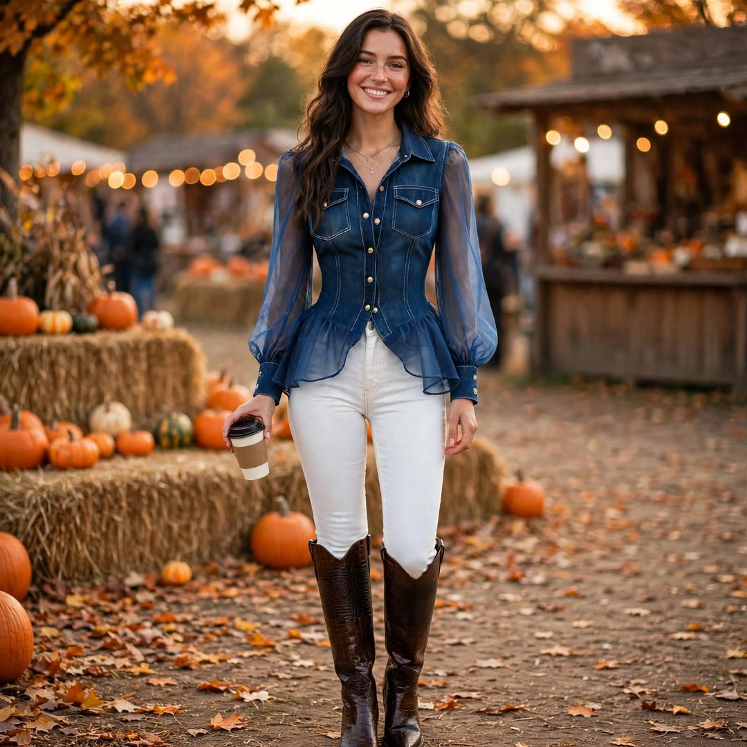 A woman stands outdoors in a fall market setting wearing a blue denim button-up shirt with sheer long sleeves, white pants, and dark brown cowboy boots. She is holding a coffee cup, with pumpkins, hay bales, and autumn foliage in the background.