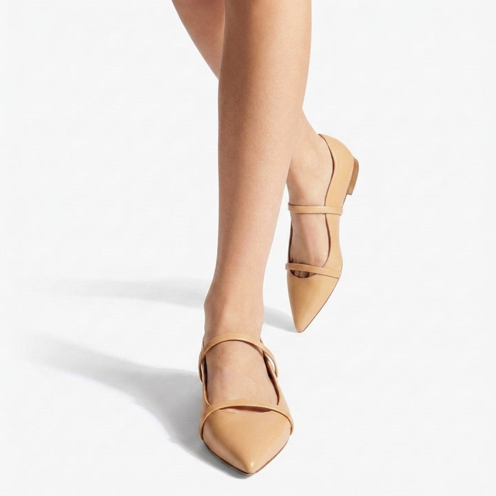 Tan Odette Double-Strap Flats, worn front view