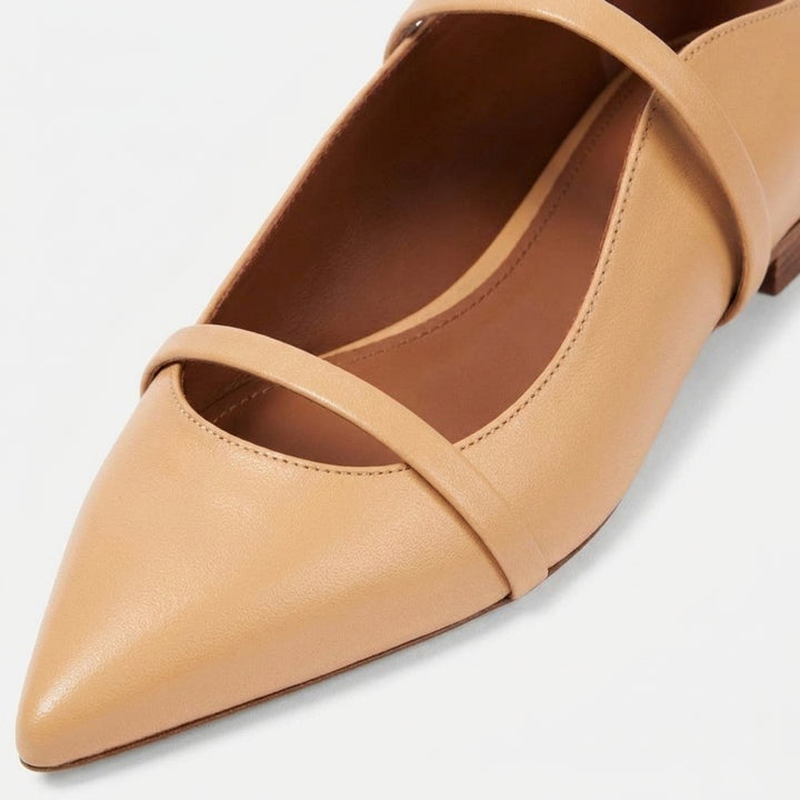 Tan Odette Double-Strap Flats material close-up