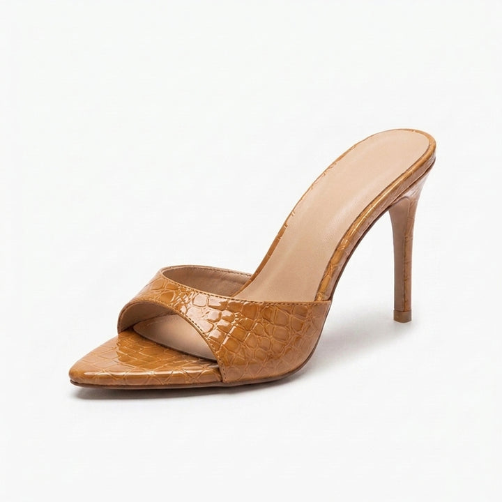 Tan Delphine Croc Heels, women's pointed toe stiletto heels, side profile