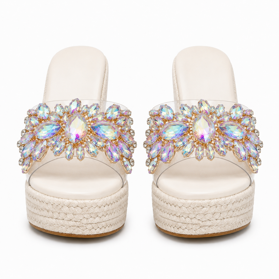 White Isabella crystal wedge heels for women, front view of the pair
