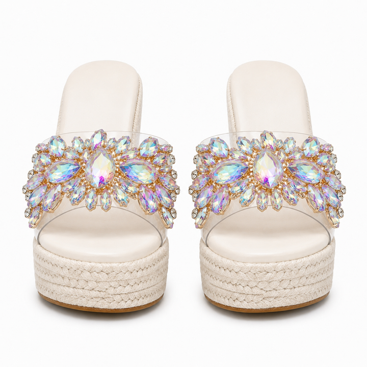 White Isabella crystal wedge heels for women, front view of the pair